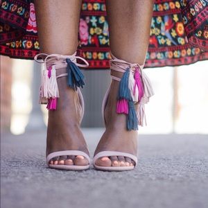 ShoeDazzle Fringe Wrap Ankle Sandals